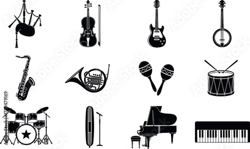 Silhouette icons of musical instruments including guitar, piano, drums, saxophone, violin, microphone, and more in black vector style
