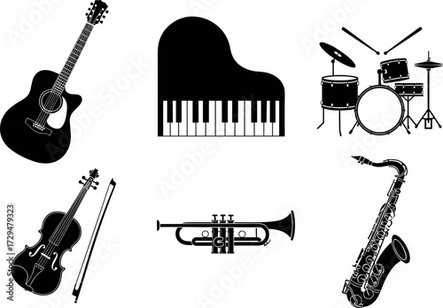 Silhouette icons of musical instruments including guitar, piano, drums, violin, trumpet, saxophone for music design and education content