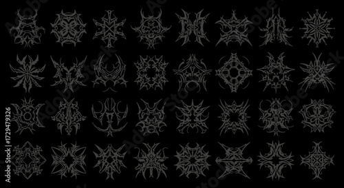 Collection of Intricate Abstract Geometric and Organic Ornate Symbols with Dark Gothic Aesthetic for Design and Art Projects