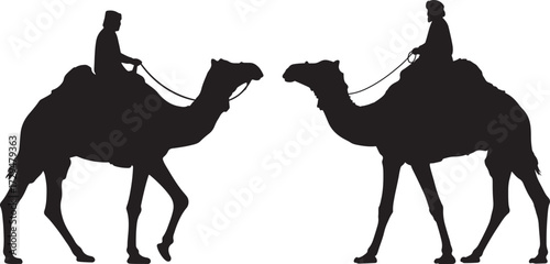 Two camel riders in silhouette facing each other isolated on white background