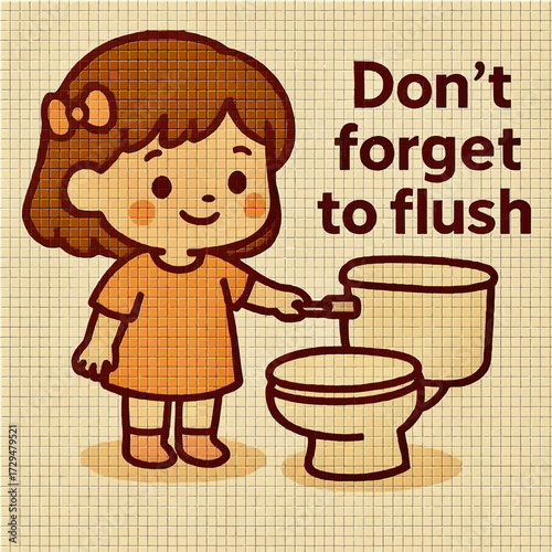 Vector educational image of a cartoon girl near the toilet with the text “Don’t forget to flush”. Flat mosaic style, perfect for kids’ posters, hygiene lessons, awareness projects and learning.