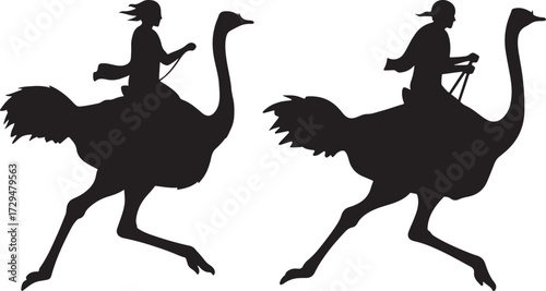 Two cowboy silhouettes riding ostriches isolated on white background silhouette
