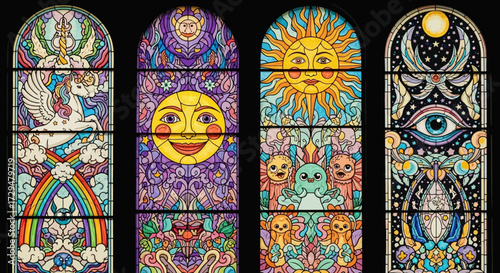 Intricate Stained Glass Panels Depicting Mystical Beings Celestial Bodies and Symbolic Imagery in a Vibrant Psychedelic Art Style