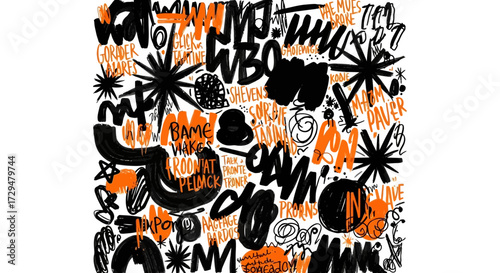 Abstract Chaotic Expressionist Art with Bold Orange and Black Markings and Textual Elements