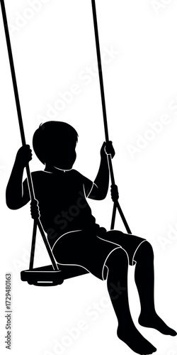 Silhouette of a barefoot child swinging on rope swing, peaceful childhood moment, outdoor playtime, minimalist black vector illustration design