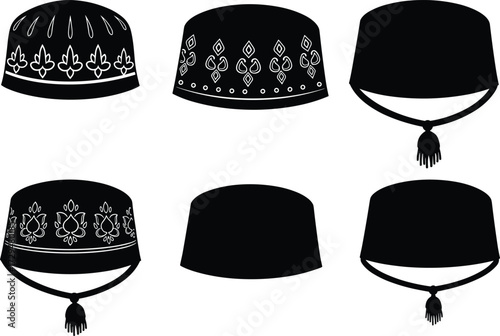 Traditional fez hat illustration, black and white cultural headwear design, vintage Ottoman style accessory, ethnic fashion pattern, ceremonial costume element, heritage