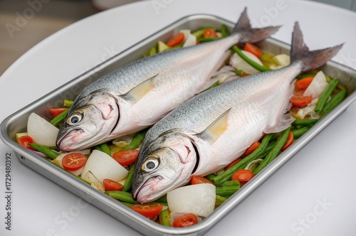 Two raw Dorado fish arrange...
