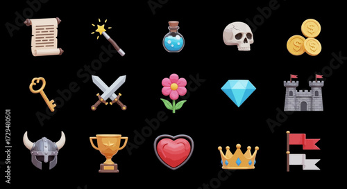 A Collection of Fantasy Game Icons Featuring Magical Items Weapons Armor and Treasures for Digital Entertainment