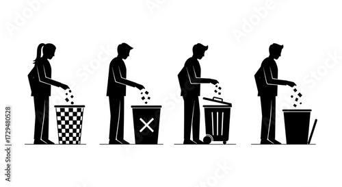 Illustrations of people throwing garbage into different types of bins promoting responsible waste disposal habits and environmental cleanliness