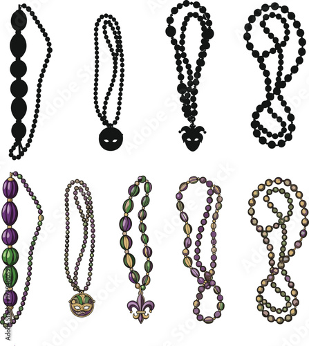 Mardi Gras beads, colorful necklaces, carnival jewelry, festive accessories, New Orleans celebration, party decoration, masquerade pendant, fleur de lis, gold purple green
