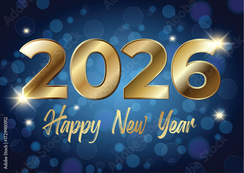 2026 happy new year design with golden text and glowing bokeh background