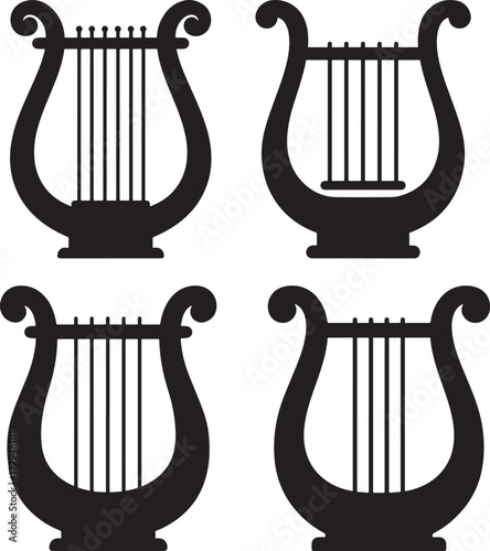 Four black silhouette lyre musical instruments isolated on white background