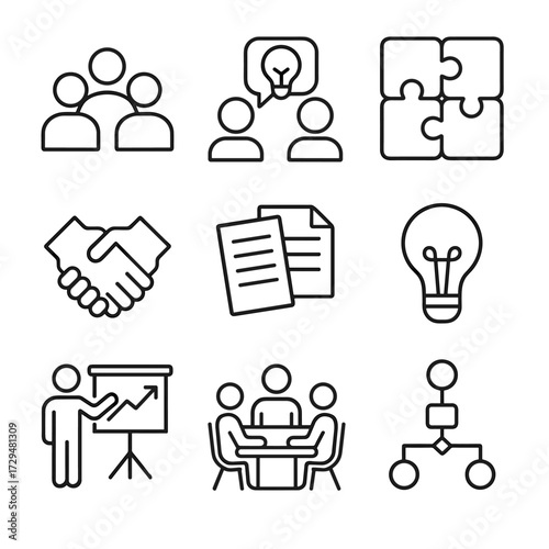 Table presentation workflow puzzle pieces vector teamwork idea discussion set shared icon