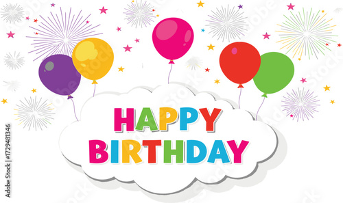 Happy Birthday Greeting Illustration — Colorful Bold Letters with Balloons, Fireworks, and Starburst Decorations for Party Invitations, Celebration Cards, Posters, Banners, and Festive Designs