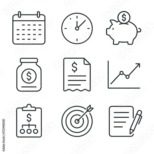 Planning savings notepad pen jar vector graph target icons financial icon bank