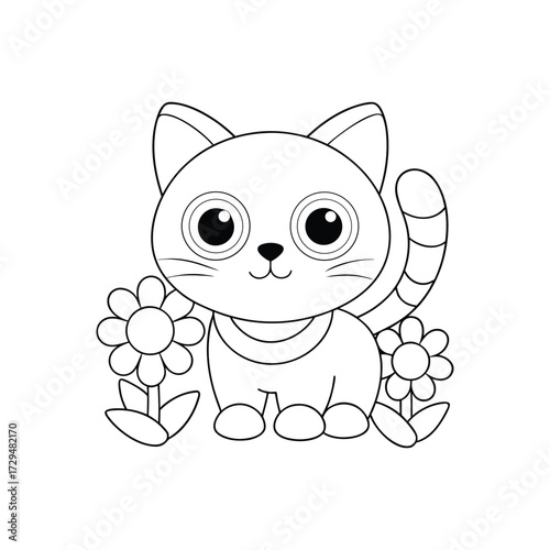 Cat with flower color page vector illustration