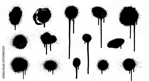 Collection of Black Spray Paint Splatter Effects and Drips for Artistic Backgrounds and Design Elements