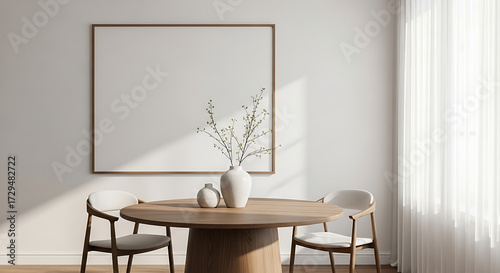 Dining room interior with round table and two chairs isolated on transparent background modern dining area with marble table, wooden chairs, and a bowl of fruit minimalist design for a stylish and com
