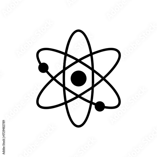 Blue atom model with orbiting electrons scientific vector illustration silhouette