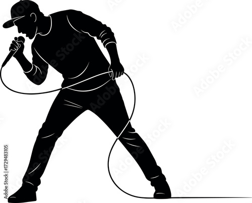 Silhouette of energetic performer singing with microphone in dynamic pose, wearing cap and sneakers, ideal for music and entertainment themes