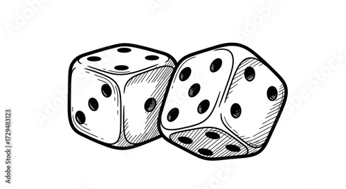Two classic six-sided gaming dice depicted in a sketch style representing chance and random outcomes for board games and casino activities