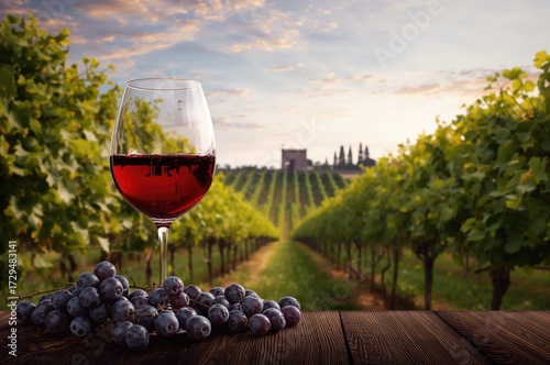 Red wine glass with vineyar...