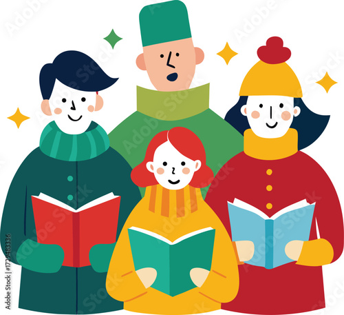 Group of People Singing Christmas Carols in Winter Clothing Illustration