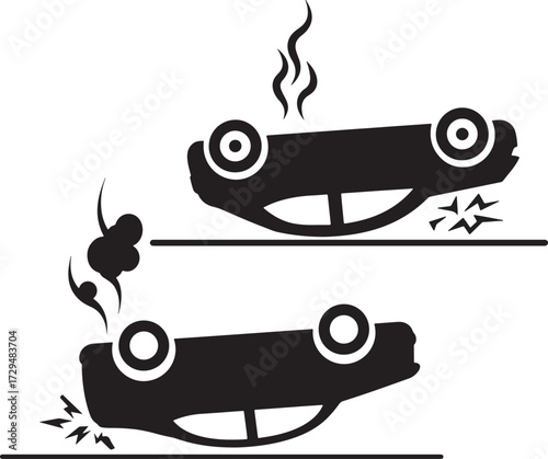 Two car accident silhouettes with smoke and damage isolated on white background