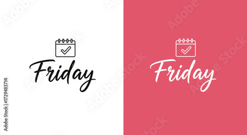 Illustrative Design Featuring the Word Friday with a Calendar Icon and Checkmark Symbol Indicating a Completed Task or Event Scheduled for the End of the Week