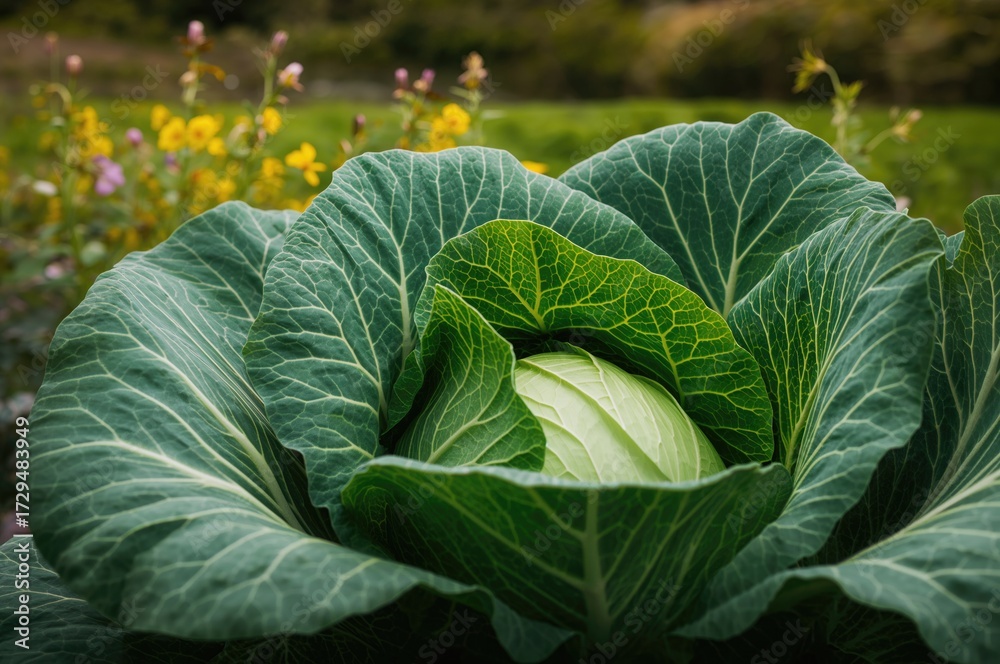 Obraz premium Lush green cabbage foliage growing in an agricultural field