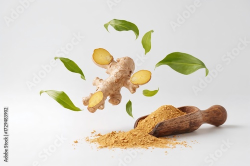 Fresh ginger root pieces fl...