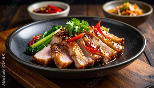 Grilled pork with vegetables served on a dark plate