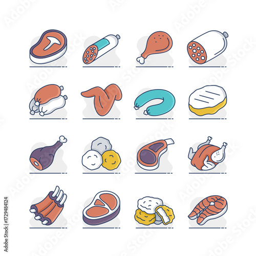 Meat Cuts and Processed Food Minimal Icon Set