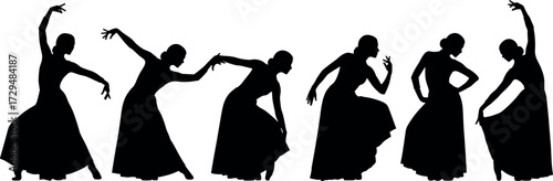 Silhouette of graceful female dancer in flowing dress performing expressive dance poses, elegant choreography, flamenco style, artistic movement illustration