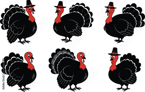 Cartoon Thanksgiving turkeys, pilgrim hat birds, festive holiday poultry, cute farm animals, autumn celebration, harvest feast, seasonal illustration, traditional design