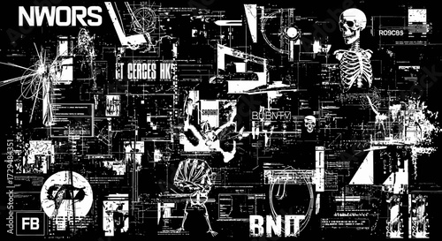 A Complex Abstract Artwork Featuring a Skeleton and Futuristic Digital Graphics with the Text NWORS and BND