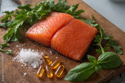 Raw salmon fillet with arug...