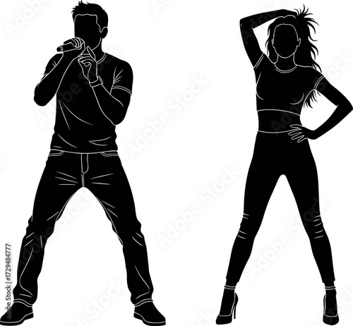 Silhouette of male singer and female dancer performing on stage in energetic pose, music concert entertainment vector illustration design