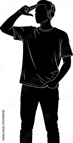 Silhouette of Man Wearing Headphones Pointing to Temple Gesture Thinking Pose Modern Music Listener Concept Isolated on White Background
