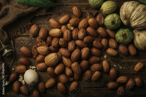 Ripe macadamia nuts display...