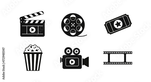 A Collection of Classic Cinema Icons Including a Clapperboard Film Reel Movie Ticket Popcorn Bucket Camera and Film Strip Representing the Magic of Movie Making and Entertainment