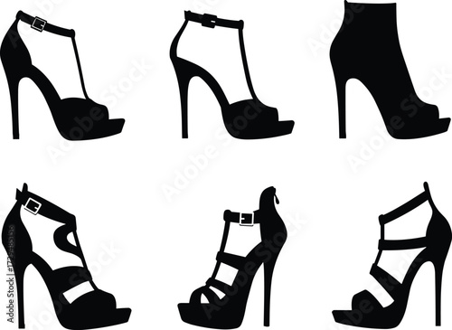 High heel shoe silhouettes, fashion footwear icons, stylish women shoes, elegant stiletto designs, trendy sandals, peep toe boots, strappy heels