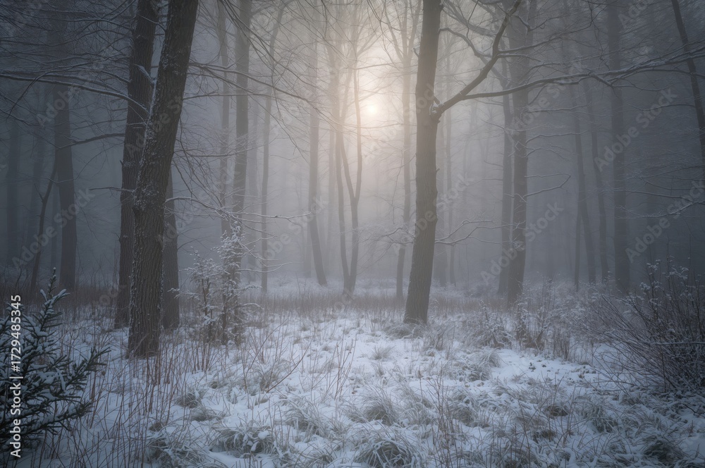 Obraz premium Misty morning on a woodland clearing. Snowy scenery