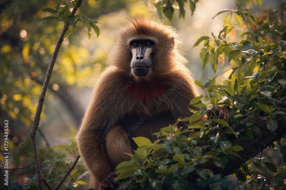 Obraz premium Theropithecus gelada perched on a tree limb