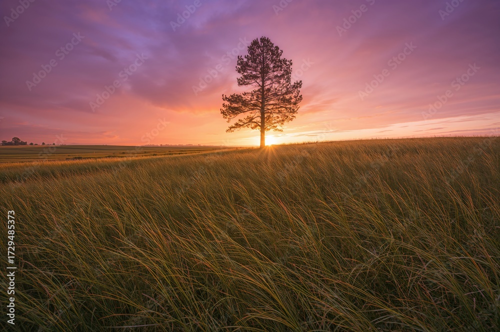 Fototapeta premium Sunset behind pine trees in a grassy meadow