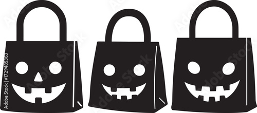 Three black halloween trick or treat bags with carved pumpkin faces silhouette isolated on white background