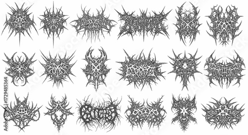 A Collection of Intricate and Aggressive Black Metal and Death Metal Band Logos Showcasing a Visually Striking Aesthetic for Extreme Music Enthusiasts