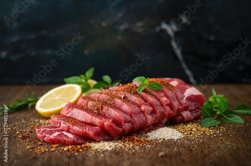 Uncooked meat seasoned with...
