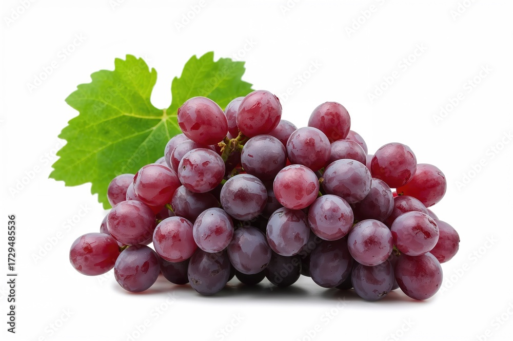 Fototapeta premium Cluster of fresh grapes accompanied by green leaves isolated on a transparent background
