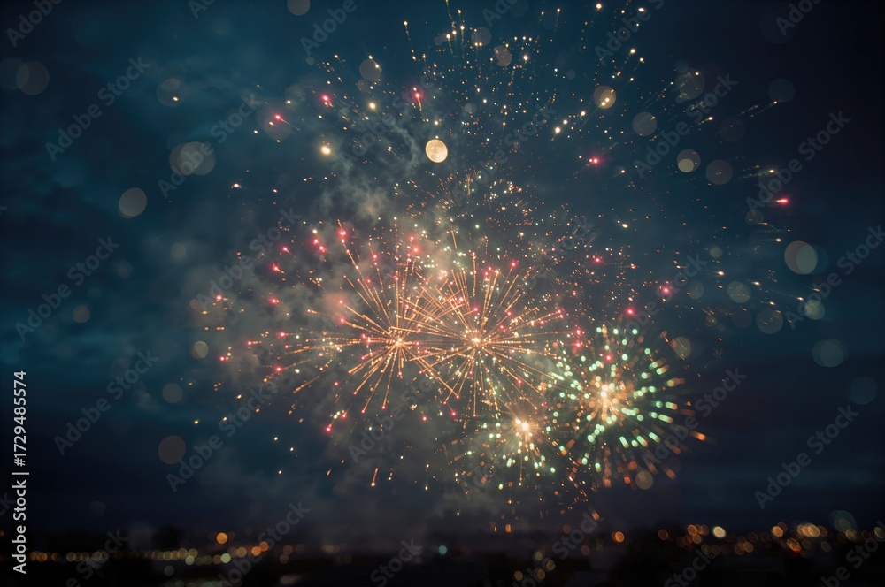 Obraz premium Multi-colored fireworks with gentle light bokeh effects